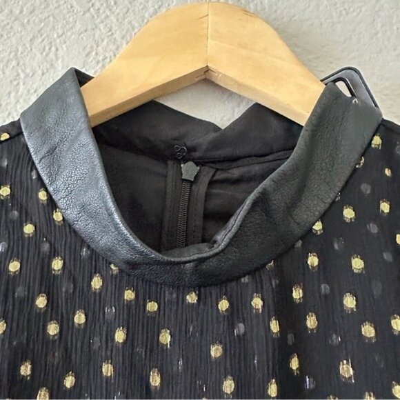 Jill Stuart Silk Dress 6 Black Gold Polka Dot Leather Trim Long Sleeve - Picture 4 of 12